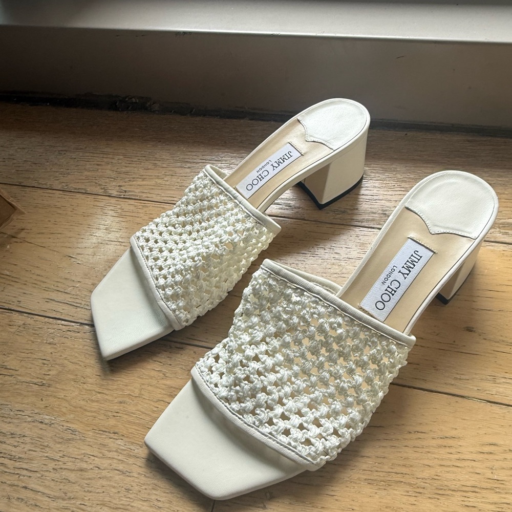 Jimmy Choo Themis Ivory Woven Heeled Sandals